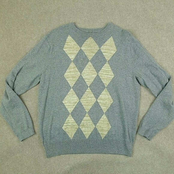 Spring And Mercer Men Medium Cotton Grey Beige Argyle Long Sleeve Sweater - Picture 1 of 5
